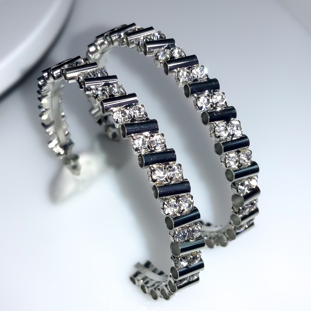 Silver & Crystal Stud Hoop Earrings - Picture 4 of 7